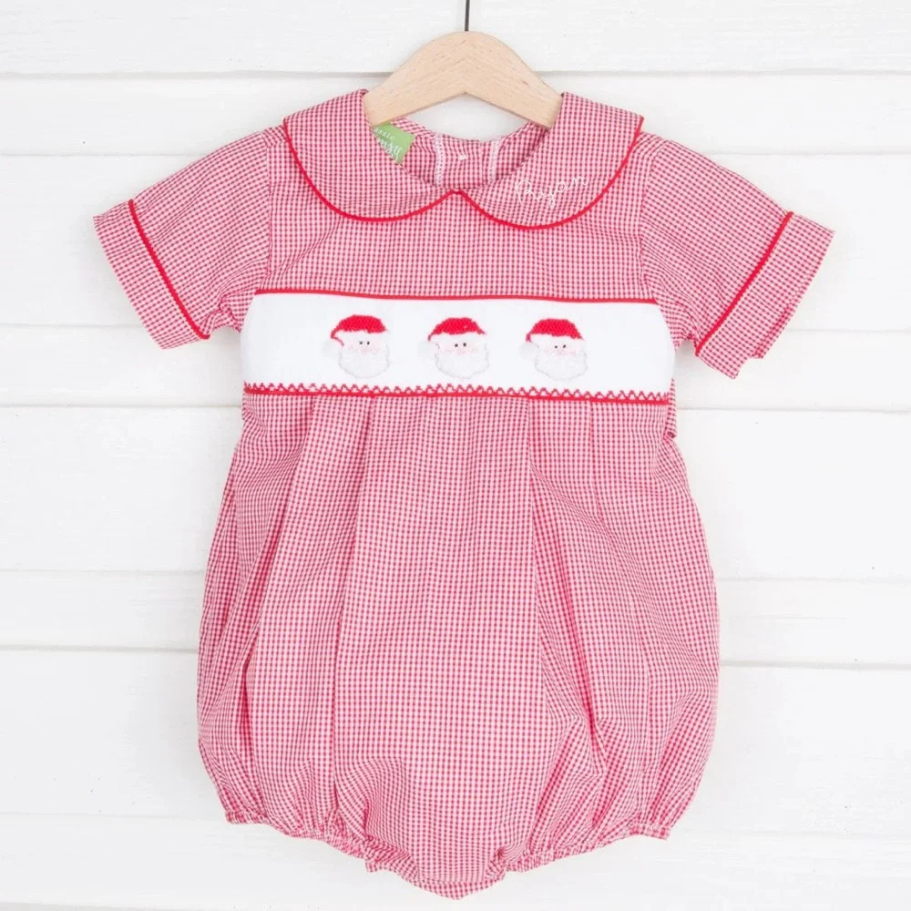Classic Whimsy Santa smocked bubble romper baby boy gingham embroidered collar